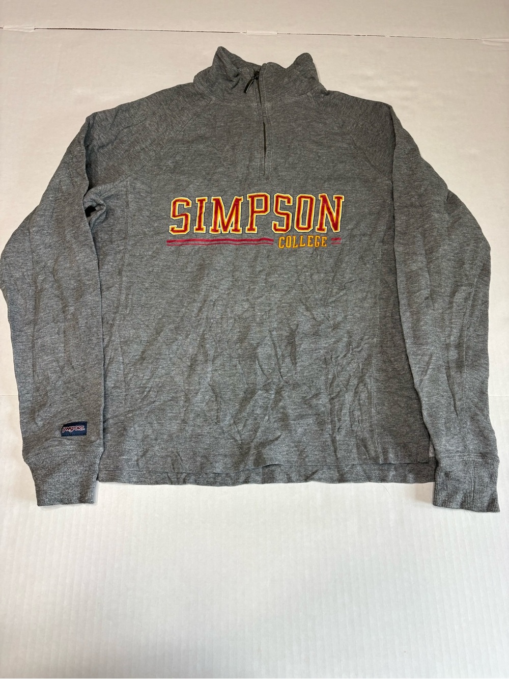 Jansport Gray Quarter-Zip Sweatshirt with Red and Gold Simpson College Logo